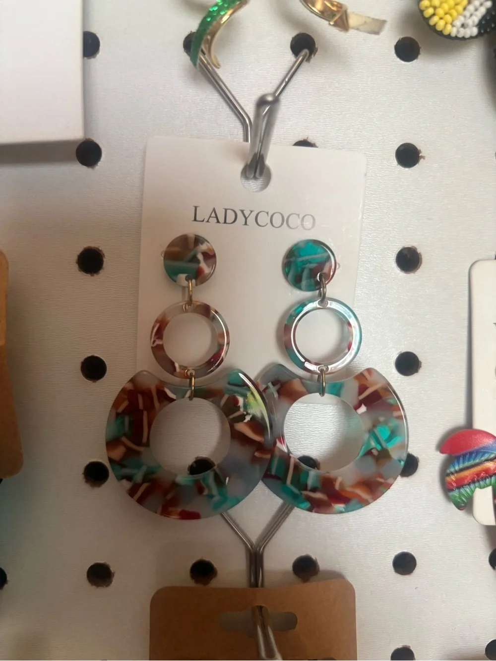 Multicolor Resin Hoop Drop Earrings - Turquoise & Brown